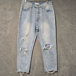 TNR Womens High Rise Straight Tapered Leg Blue Jeans Raw Hem Sz 30/32 Light Wash